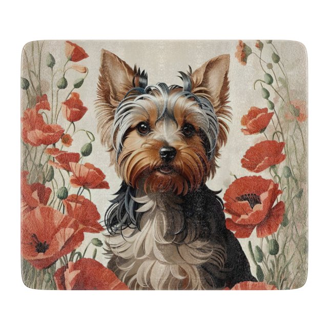 Niedlich Yorkshire Terrier Botanical Red Poppies Schneidebrett (Vorderseite)