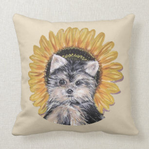 Niedlich Yorkshire Terrier Dog & Sunflower in Beig Kissen