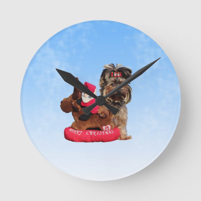 Niedlich Yorkshire Terrier Frohe Weihnachten Runde Wanduhr (Vorderseite)