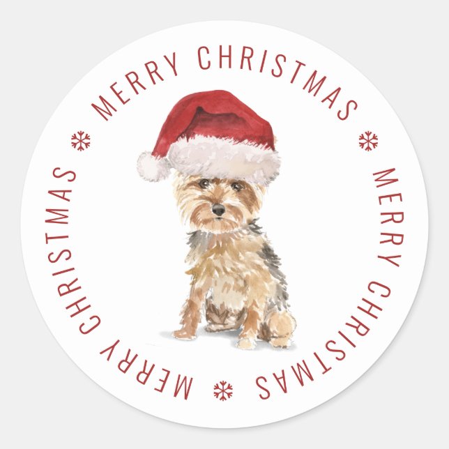 Niedlich Yorkshire Terrier Frohe Weihnachten Runder Aufkleber (Vorderseite)