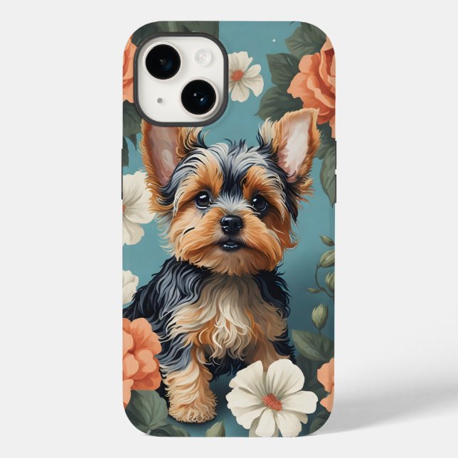 Niedlich Yorkshire Terrier Puppy Floral Case-Mate iPhone Hülle (Rückseite)