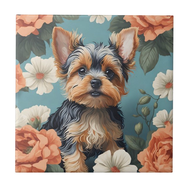 Niedlich Yorkshire Terrier Puppy Floral Fliese (Vorderseite)
