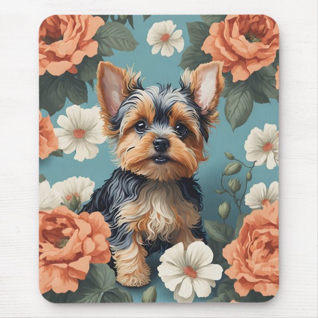 Niedlich Yorkshire Terrier Puppy Floral Mousepad (Vorne)