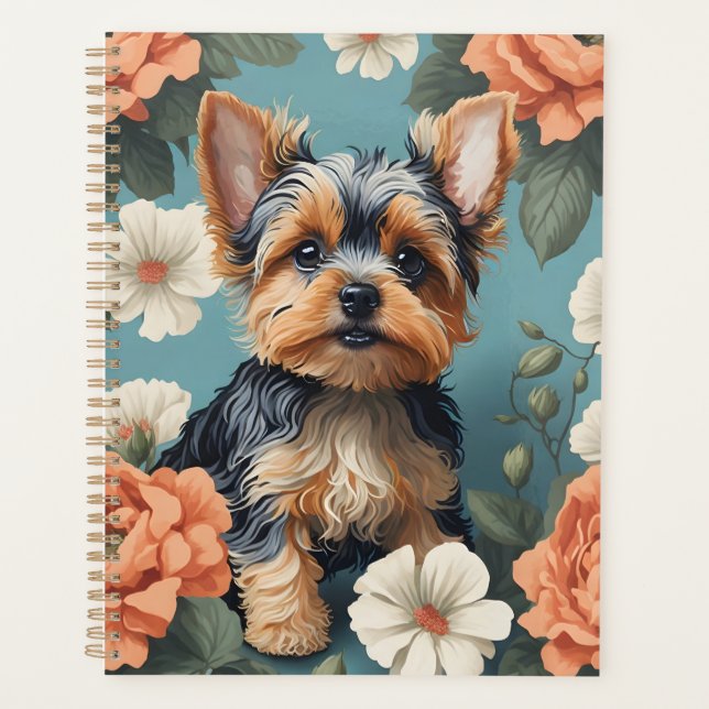 Niedlich Yorkshire Terrier Puppy Floral Planer (Vorderseite)