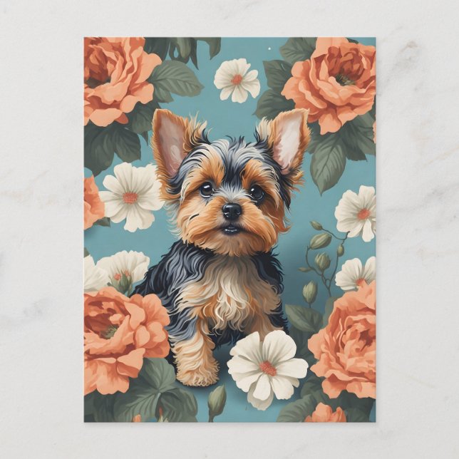 Niedlich Yorkshire Terrier Puppy Floral Postkarte (Vorderseite)