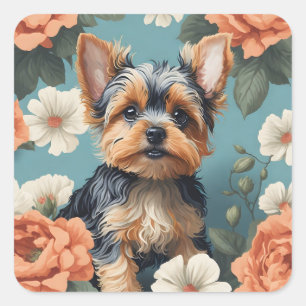 Niedlich Yorkshire Terrier Puppy Floral Quadratischer Aufkleber
