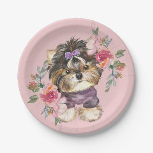 Niedlich Yorkshire Terrier Yorkie und Blume Kunst Pappteller