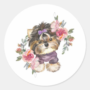 Niedlich Yorkshire Terrier Yorkie und Blume Kunst  Runder Aufkleber