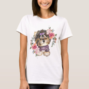 Niedlich Yorkshire Terrier Yorkie und Blume Kunst  T-Shirt