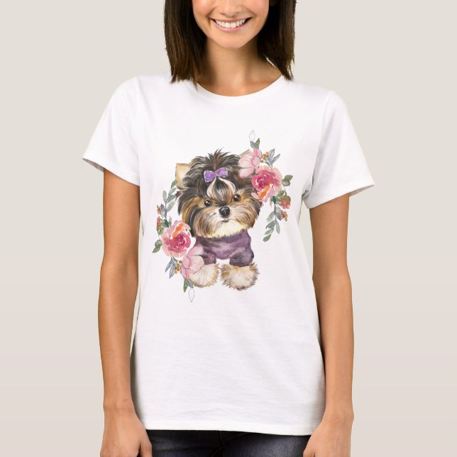 Niedlich Yorkshire Terrier Yorkie und Blume Kunst  T-Shirt (Vorderseite)