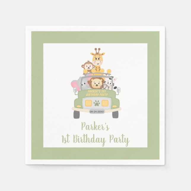 Niedlich Zoo Animal Safari 1. Geburtstag Party Serviette (Vorderseite)