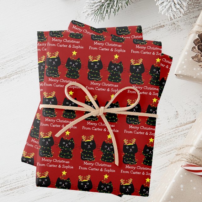 Niedlich zwei Katzen frohe Weihnachtsleuchten Red  Geschenkpapier Set (Von Creator hochgeladen)