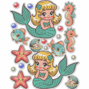 Niedliche 1950 Mermaids Papier Puppen Meereswelt F Aufkleber