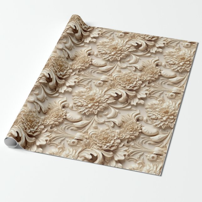 Niedliche 3-D Ivory/Gold Weihnachten Florals Geschenkpapier (Ungerollt)