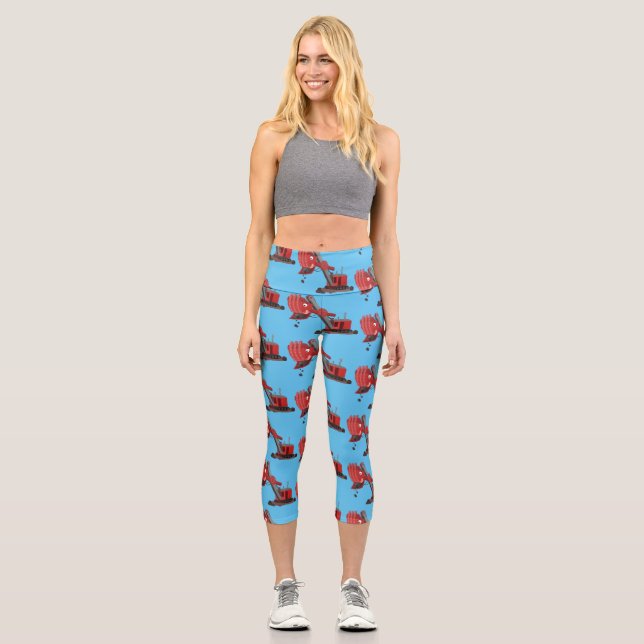 Niedliche Abbildung des Cartoon mit rotem Dampf Capri Leggings (Vorderseite)
