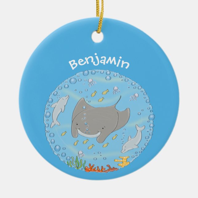 Niedliche Abbildung von Mantarochen und Blasen Car Keramik Ornament (Vorne)