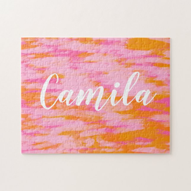 Niedliche Abstrakte Farbe Rosa Orange Personalisie Puzzle (Horizontal)