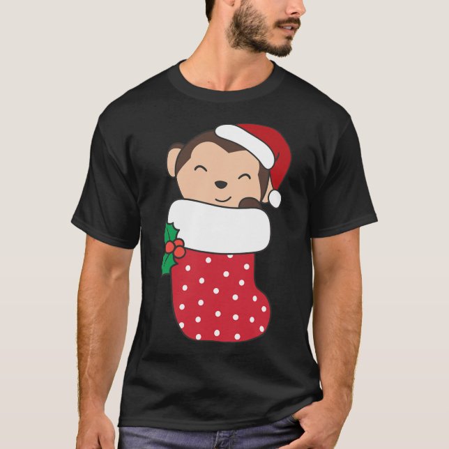 Niedliche Affen zu Weihnachten Strumpf zu Weihnach T-Shirt (Vorderseite)
