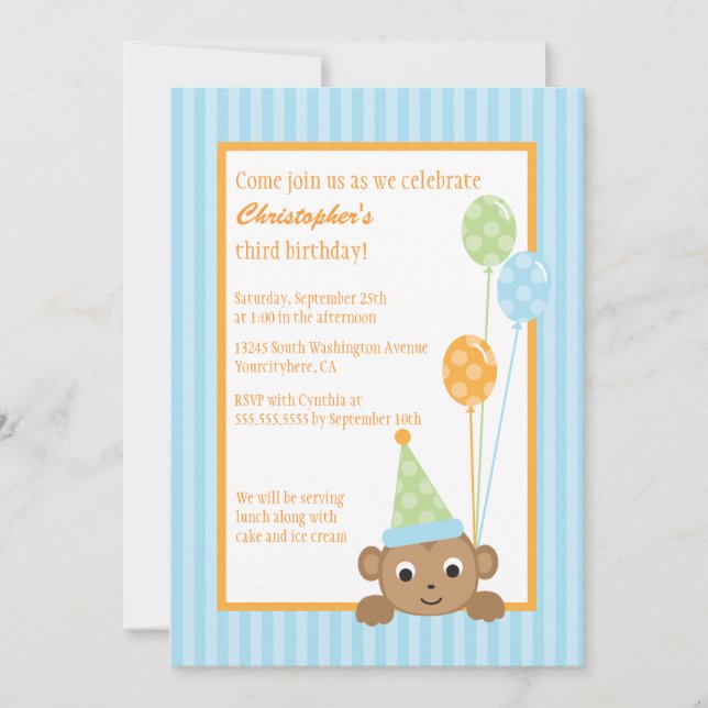 Niedliche Affenballons Einladung (Vorderseite)