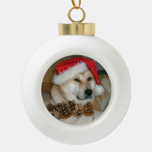 Niedliche akita in roter Weihnachtsmannmütze mit Keramik Kugel-Ornament