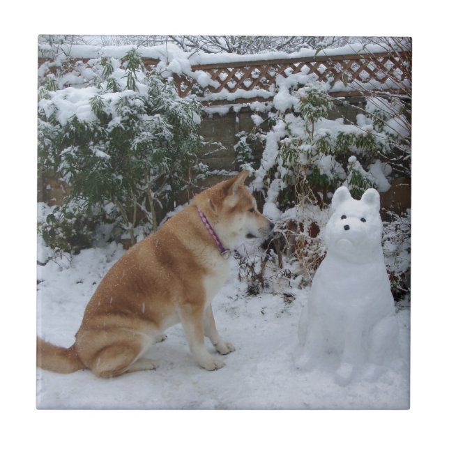 niedliche akita sitzt mit Schneemann im Schneehund Fliese (Vorderseite)