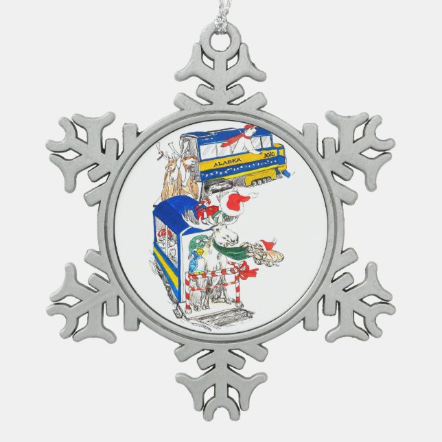 Niedliche Alaska Whimsical Wildlife Train zum Nord Schneeflocken Zinn-Ornament (Vorderseite)