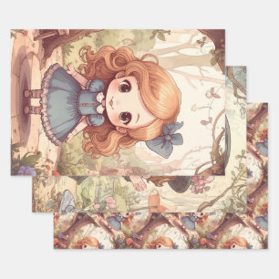Niedliche Alice Abenteuer Wunderland Waldland Kuns Geschenkpapier Set