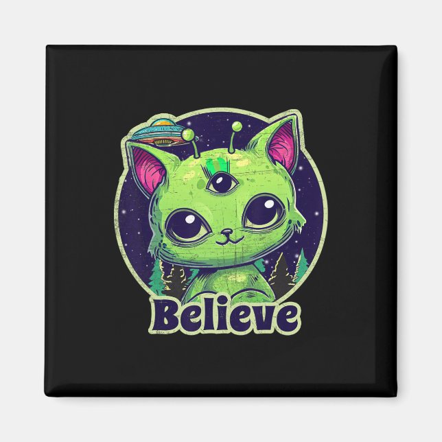 Niedliche Alien Cat Belive in Ufo Kawaii Magnet (Vorne)