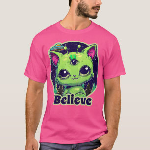 Niedliche Alien Cat Belive in Ufo Kawaii T-Shirt
