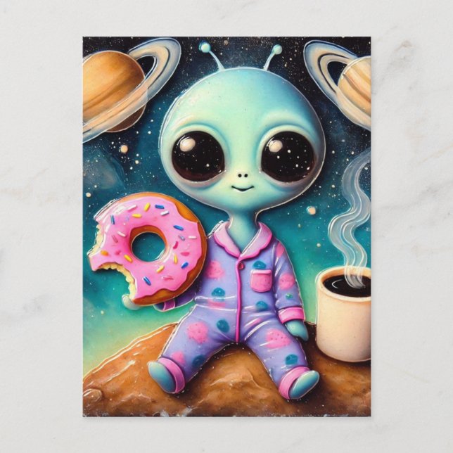 Niedliche Alien mit Kaffee und Donut im Weltraum Postkarte (Vorderseite)