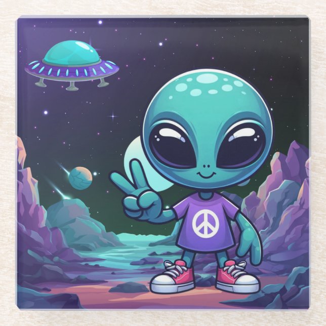 Niedliche Alien und Raumfahrt Glasuntersetzer (Vorderseite)