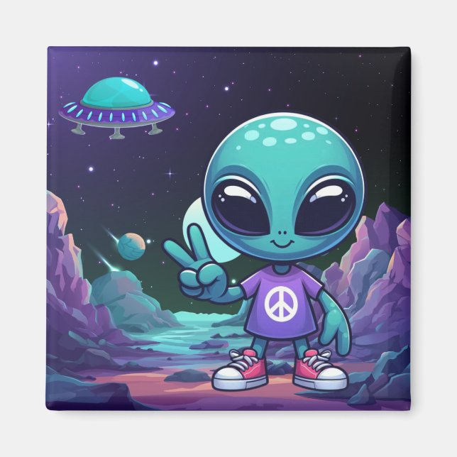 Niedliche Alien und Raumfahrt Magnet (Vorne)