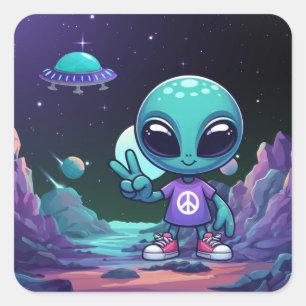 Niedliche Alien und Raumfahrt Quadratischer Aufkleber