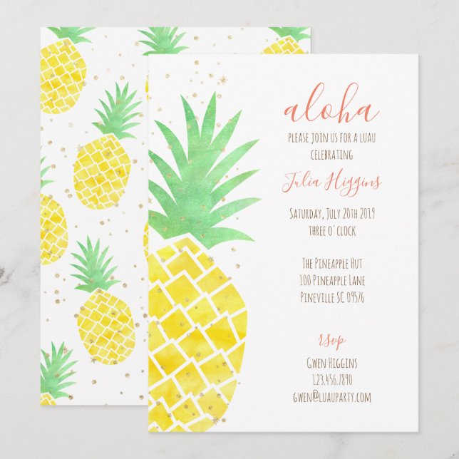 Niedliche Aloha Tropical Watercolor Ananas mit Gol Einladung (Vorne/Hinten)