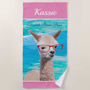 Niedliche Alpaca Red Glasses Personalisieren Namen Strandtuch