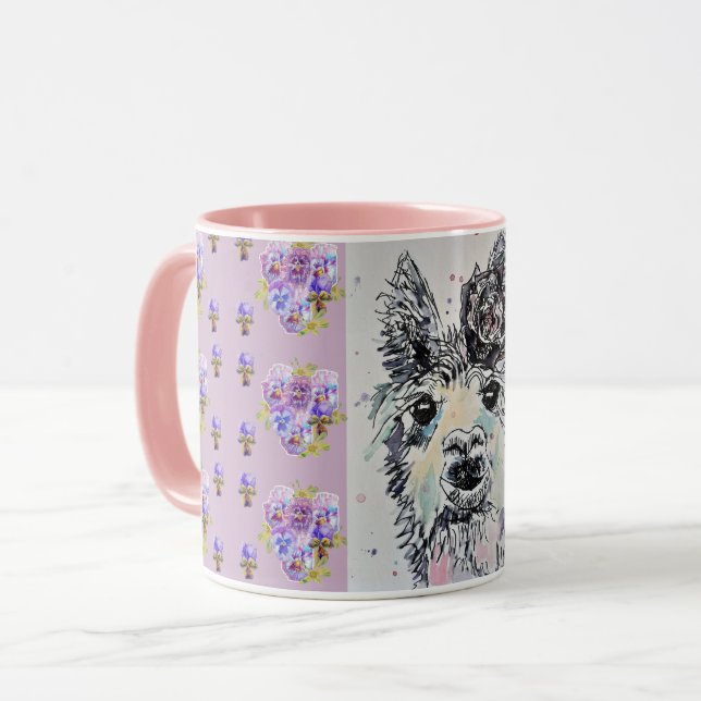 Niedliche Alpacca Llama lilac Tasse zur Aquarellma (Vorderseite Links)