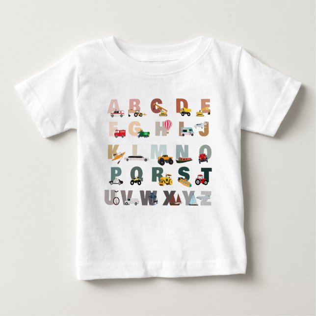 Niedliche Alphabet-ABC-LKWs, Transportfahrzeuge Baby T-shirt (Vorderseite)