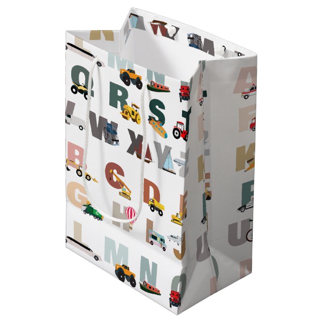Niedliche Alphabet-ABC-LKWs, Transportfahrzeuge Mittlere Geschenktüte (Vorderseite Schrägansicht)