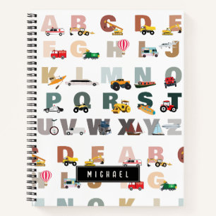 Niedliche Alphabet-ABC-LKWs, Transportfahrzeuge Notizbuch