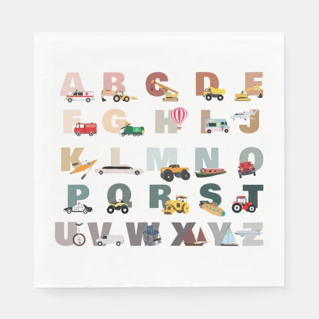 Niedliche Alphabet-ABC-LKWs, Transportfahrzeuge Serviette (Vorderseite)