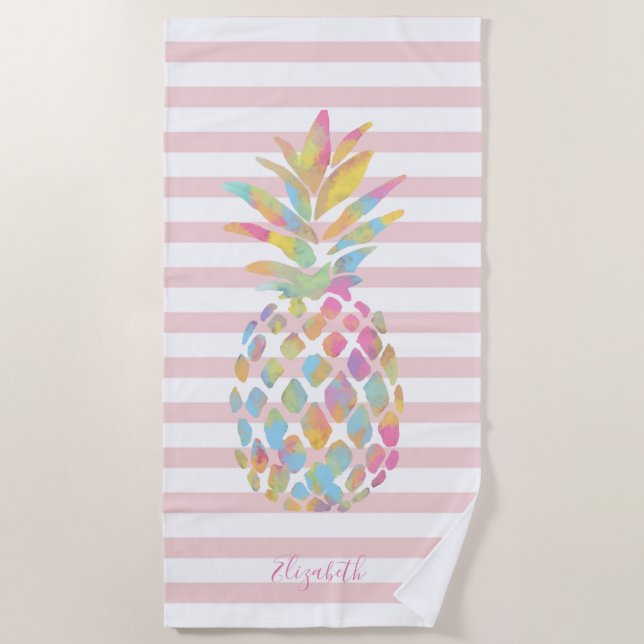 Niedliche Ananas Rosa Streifen - Personalisiert Strandtuch (Vorderseite)