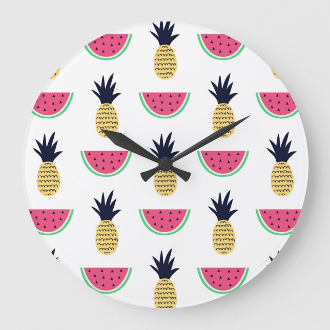 Niedliche Ananas & Watermelon Doodle Muster Große Wanduhr (Vorderseite)
