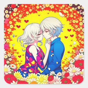Niedliche Anime Couple, Herz und Blume Quadratischer Aufkleber