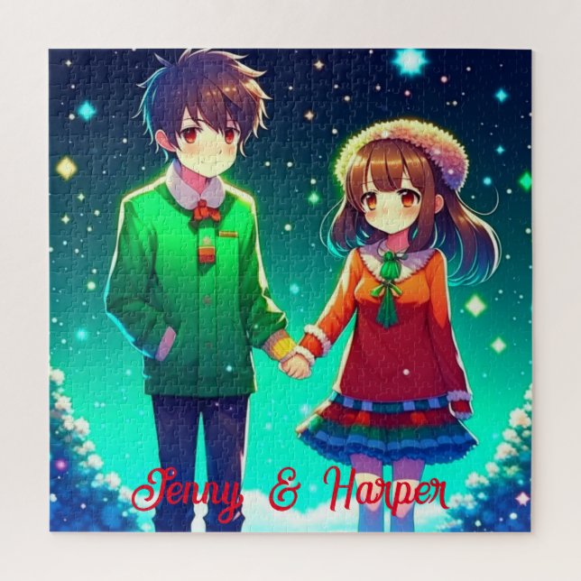Niedliche Anime Couple Holding Hands Personalisier Puzzle (Vertikal)