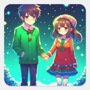 Niedliche Anime Couple Holding Hands Personalisier Quadratischer Aufkleber