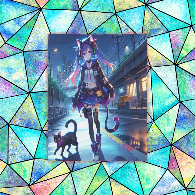 Niedliche Anime Gamer Girl & Cat | Groß Fleecedecke (Von Creator hochgeladen)