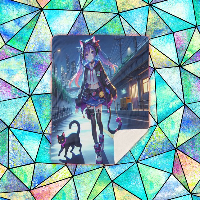 Niedliche Anime Gamer Girl & Cat | Groß Sherpadecke (Von Creator hochgeladen)