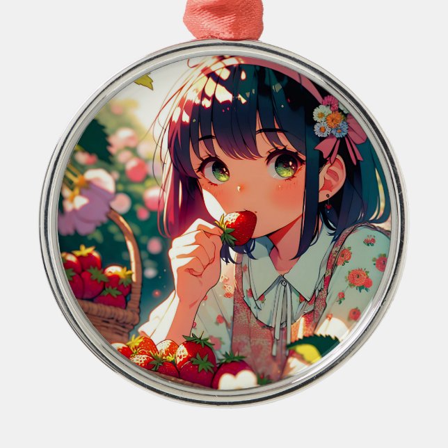 Niedliche Anime Girl Eating Erdbeeren Ornament Aus Metall (Vorne)