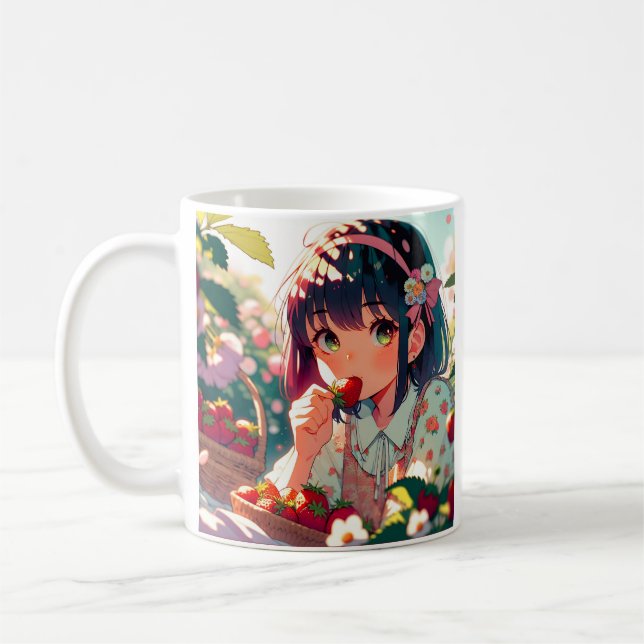 Niedliche Anime Girl Eating Erdbeeren | Sommertag Kaffeetasse (Links)
