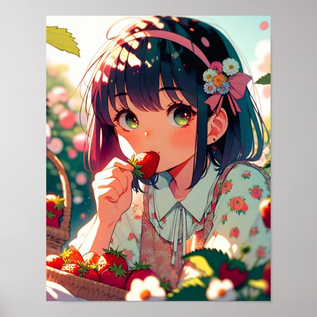 Niedliche Anime Girl Eating Erdbeeren | Sommertag Poster (Vorne)